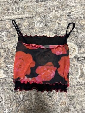 Urban Outfitters Black Sheer Tank with Red Rose Print